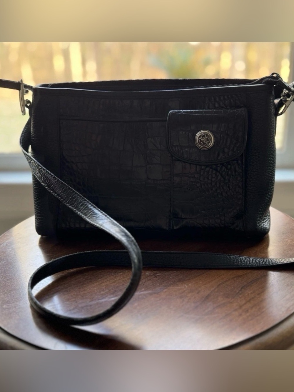 Stunning Vintage Brighton Croc-Embossed Leather Shoulder Bag Black